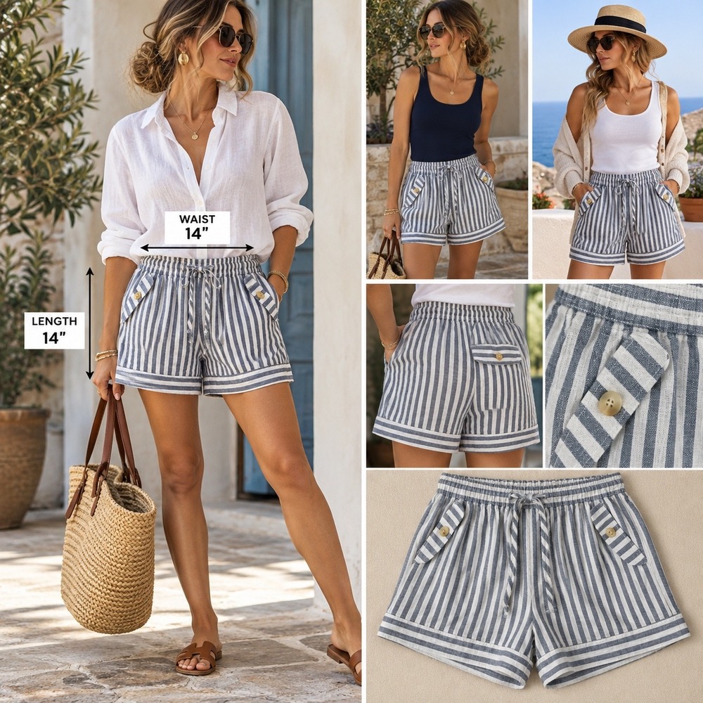 NWT Linen Cotton Stripe Shorts S Coastal Nautical Resort Pull On UpWest Vacation